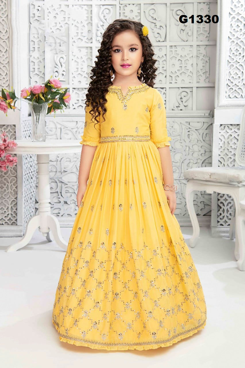 G1330 - Pastel Yellow Embroidered Girls Long Dress