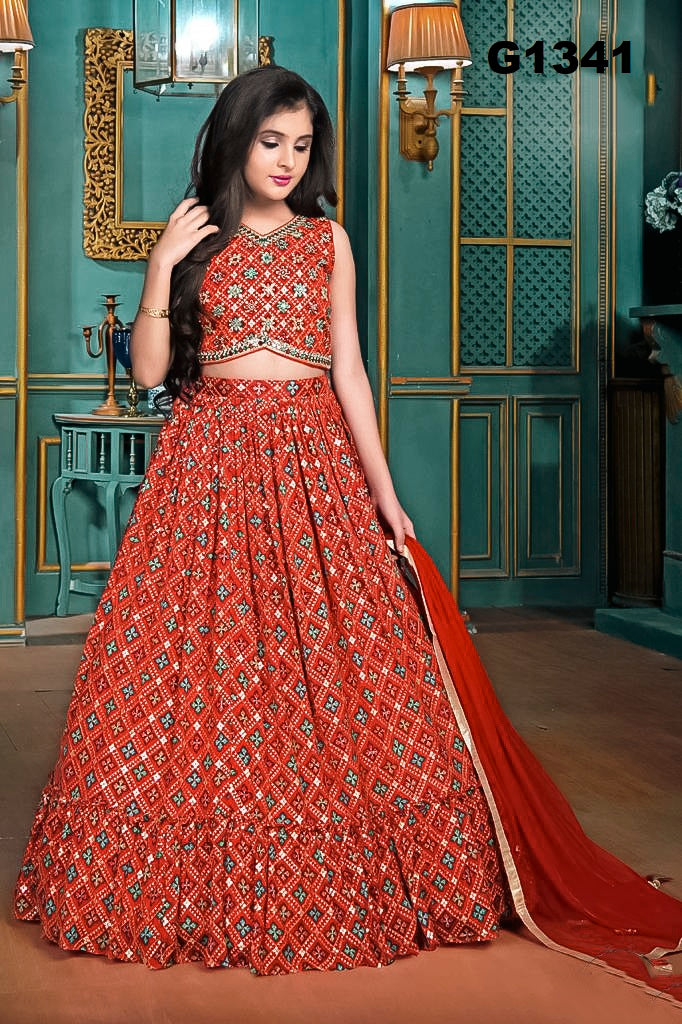 G1341 - Red and Orange Hued allover checkered embroidered Georgette Lehenga Choli set