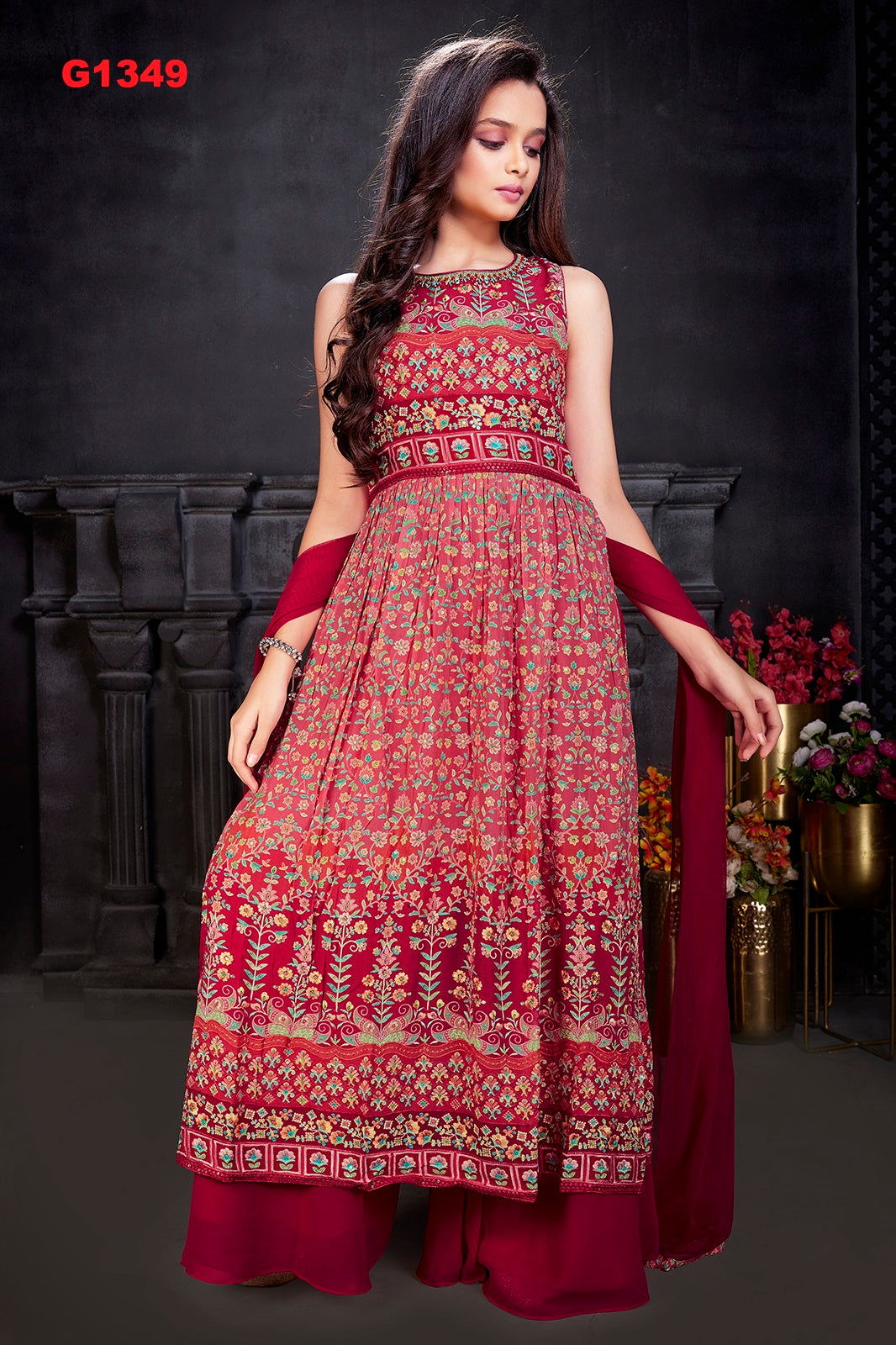 G1349 - Pink hued allover thread embroidered georgette palazzo set