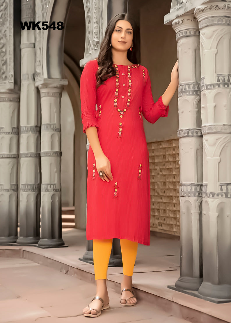 WK548 - Red Rayon Kurti with thread embroidery