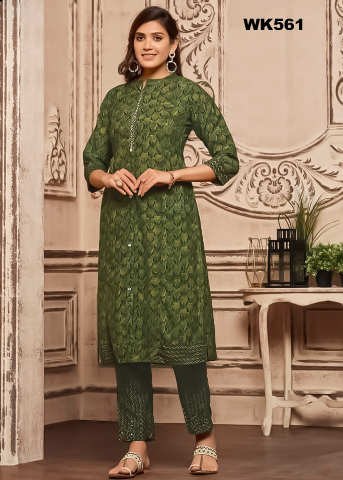 WK561 - Dark Green rayon printed Kurti set