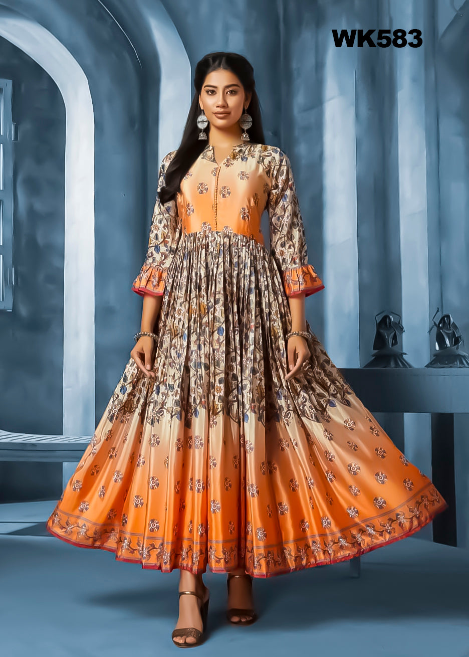 WK583 - Orange shaded Floral printed Anarkali Kurti dress