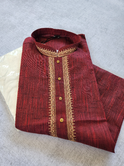 MK412 - Maroon cotton Kurta pajama set with embroidery around the neck
