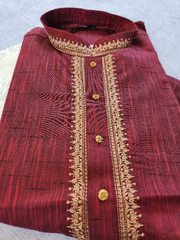 MK412 - Maroon cotton Kurta pajama set with embroidery around the neck