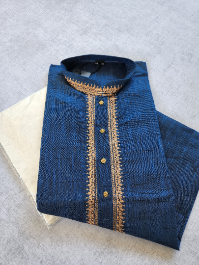 MK413 - Royal Blue cotton Kurta pajama set with embroidery around the neck