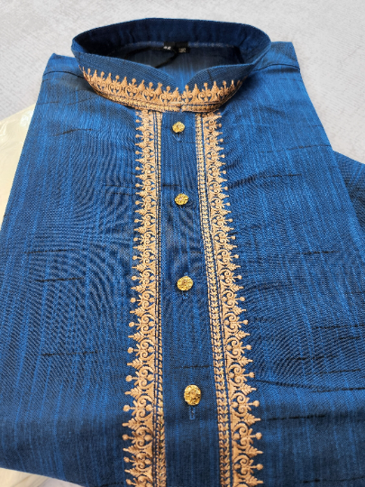 MK413 - Royal Blue cotton Kurta pajama set with embroidery around the neck